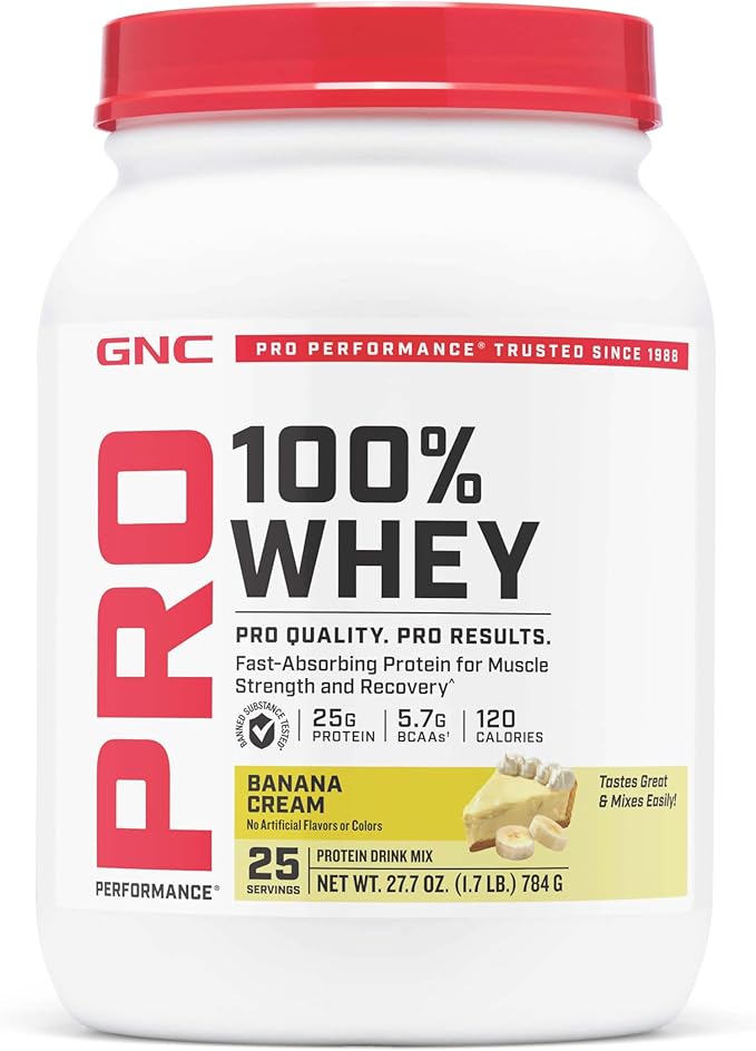 GNC Pro Performance 100% Whey Protein Powder Fast Absorbing Protein Muscle Strength and Recovery Banana Cream 25 Servings