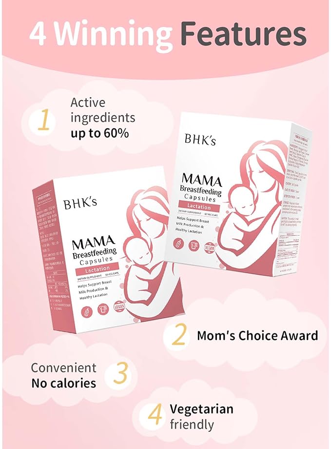 BHK's Mama Breastfeeding Veg Capsules Increase Breast Milk Supply Supplement for Post Pregnancy &amp Breastfeeding Support 60 Capsules 2-Week Supply