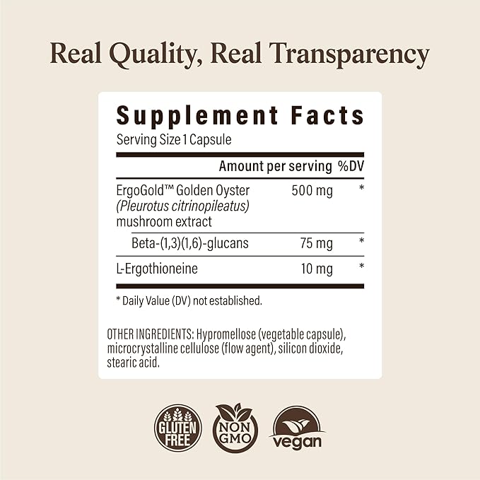 Real Mushrooms Ergothioneine Supplement – Golden Oyster Mushroom with Beta-Glucans – L-Ergothienine Extract Poweder – Organic Vegan Non-GMO No Fillers – 60 Capsules Mushroom Supplement for Humans