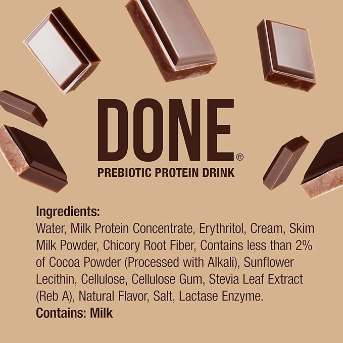 Done Prebiotic Protein Drink Chocolate 20G Whey Protein High Fiber Protein Shake With Prebiotics Gluten Free Lactose Free No Added Sugar Natural Flavor Non GMO 8.4 FL Oz Each 15 Pack