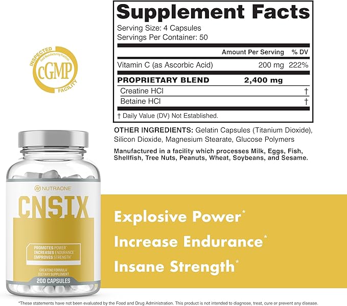 NutraOne CNSix Creatine Capsules Creatine HCL to Help Build Lean Muscle* (600mg - 200 Capsules)