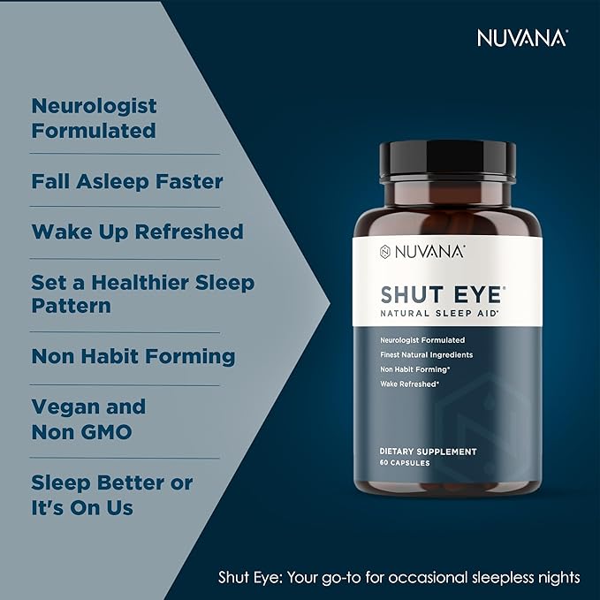 Shut Eye Natural Sleep Aid Supplement for Adults | 5mg Melatonin | Helps Relax and Promote Natural Deep Sleep with Valerian Root Chamomile &amp Magnesium | Vegan &amp Non-GMO | 60 Capsules