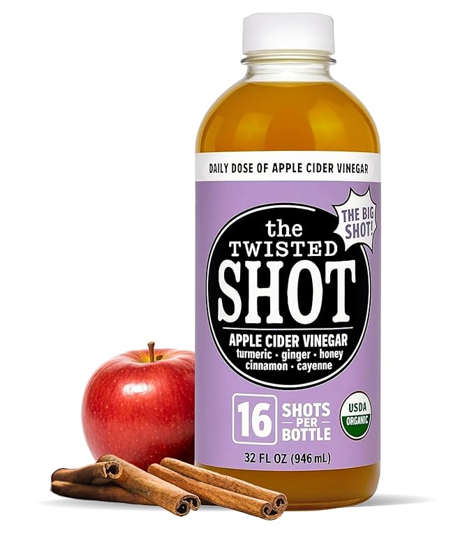 The Twisted Shot | Organic Apple Cider Vinegar Wellness Shots with Ginger Turmeric Honey Cinnamon &amp Cayenne | Supports Digestion Immunity &amp Gut Health | 32 oz Bottle + Forty-Eight 2 oz Min