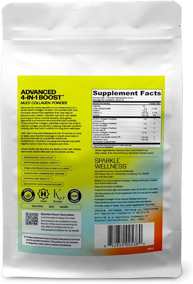 Sparkle Wellness Advanced 4 in 1 Boost | Clinically Tested Multi Collagen Powder with VERISOL FORTIBONE FORTIGEL TENDORFORTE | Acai Lemonade