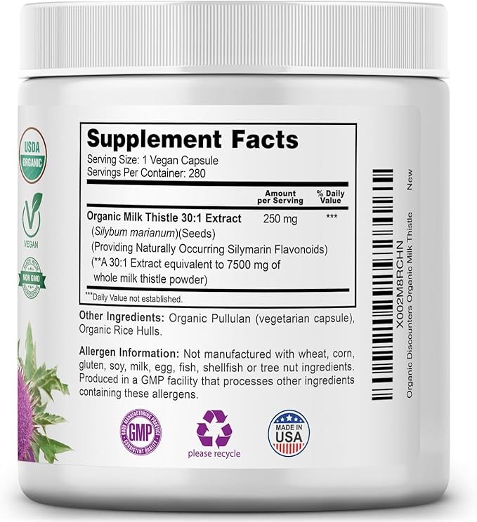 USDA Organic Milk Thistle 30:1 Extract Capsules 280 Vegan Capsules Rich in Silymarin Flavonoids Liver Cleanse and Liver Detox Support Standardized 30X Extract Made in the USA