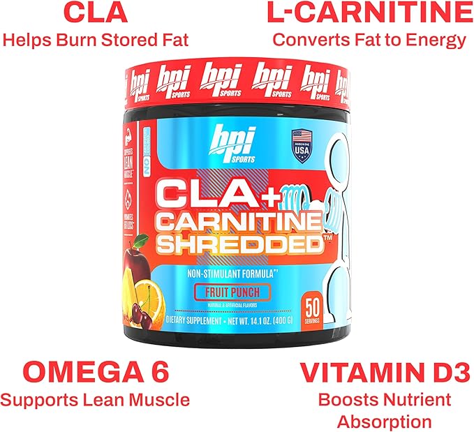 BPI Sports CLA + Carnitine Shredded - Convert Fat Cells Into Energy and Supports Lean Muscle Boost Metabolism - Non-Stimulant L-Carnitine Supplement - Fruit Punch (14.1 oz. / 50 Servings)