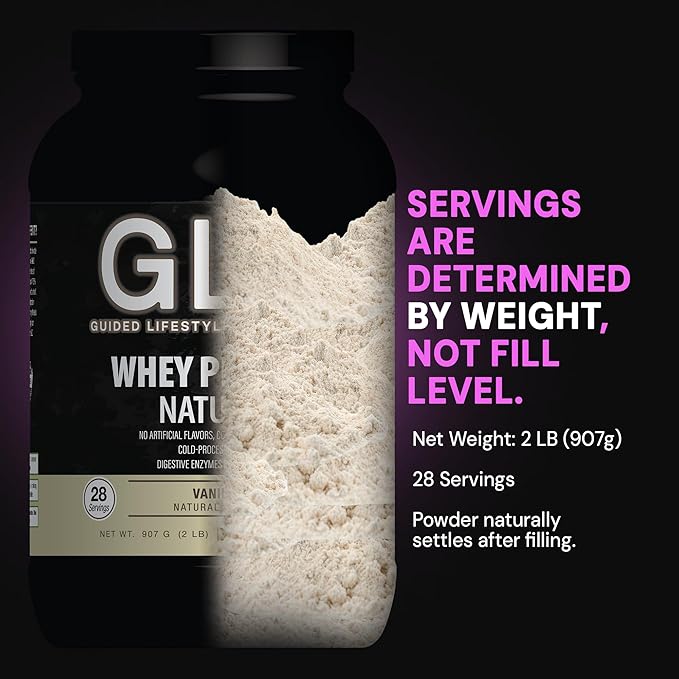 GLO Health Foods Cold-Processed Whey Protein - Vanilla Flavor - 24g Protein per Serving - Whey with Digestive Enzymes &amp BCAAs - Supports Muscle Growth Strength &amp Recovery - 2 LB (28 Servings)