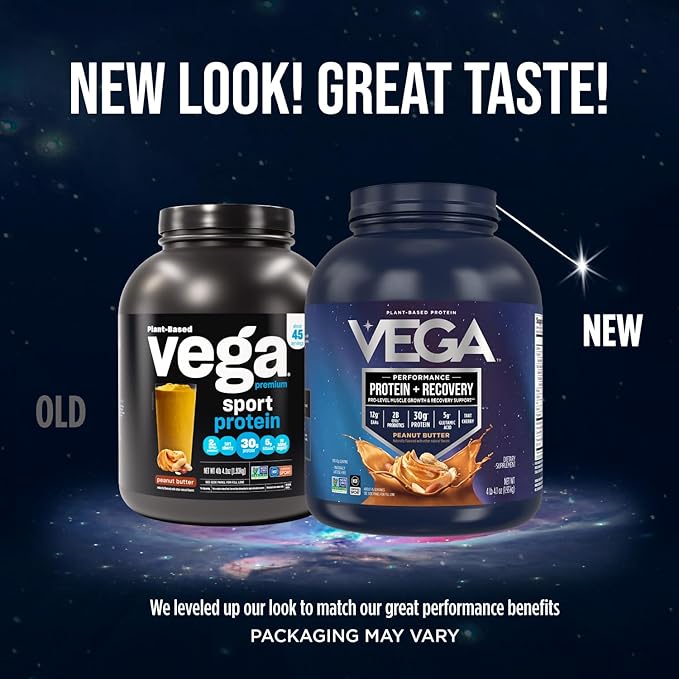 Vega Sport Vegan Protein Powder + Recovery - 30g Plant Based Protein Chocolate 45 Servings 5g BCAAs Probiotics NSF Certified for Shakes &amp Smoothies 4.4lbs (Packaging May Vary) (Pack of 6)