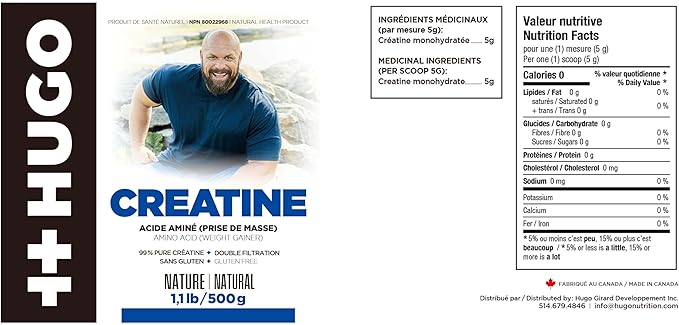 ++Hugo CREATINE Nurition Girard Powder | 500G/1.1LB Rapid Muscle Recovery | Pure Micronized Creatine | Time Release Blend | Natural Flavor