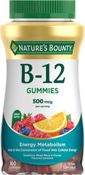 Nature's Bounty Vitamin B12 Gummies Dietary Supplement Supports Energy Metabolism and Nervous System Health Mixed Berry Flavor 500mcg 160 Count