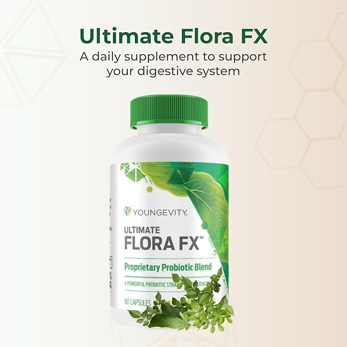 Youngevity Ultimate Flora FX™ – Prebiotic and Probiotic Supplement – Supports Digestive Health and Gut Microbiome – 4 Billion CFU – Glucono Delta Lactone – 60 Vegetarian Capsules