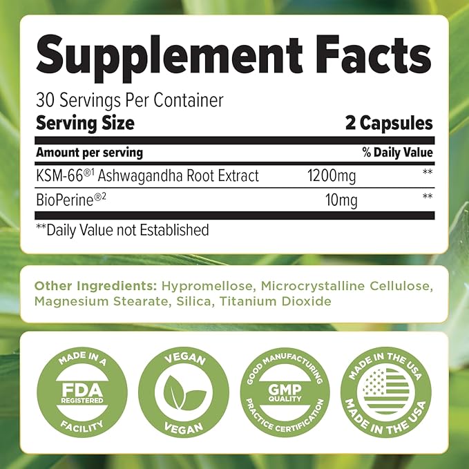 Stress Relief Ashwagandha KSM-66 Supports Occasional Stress Relief Dietary Supplement Capsules 1 Month Supply