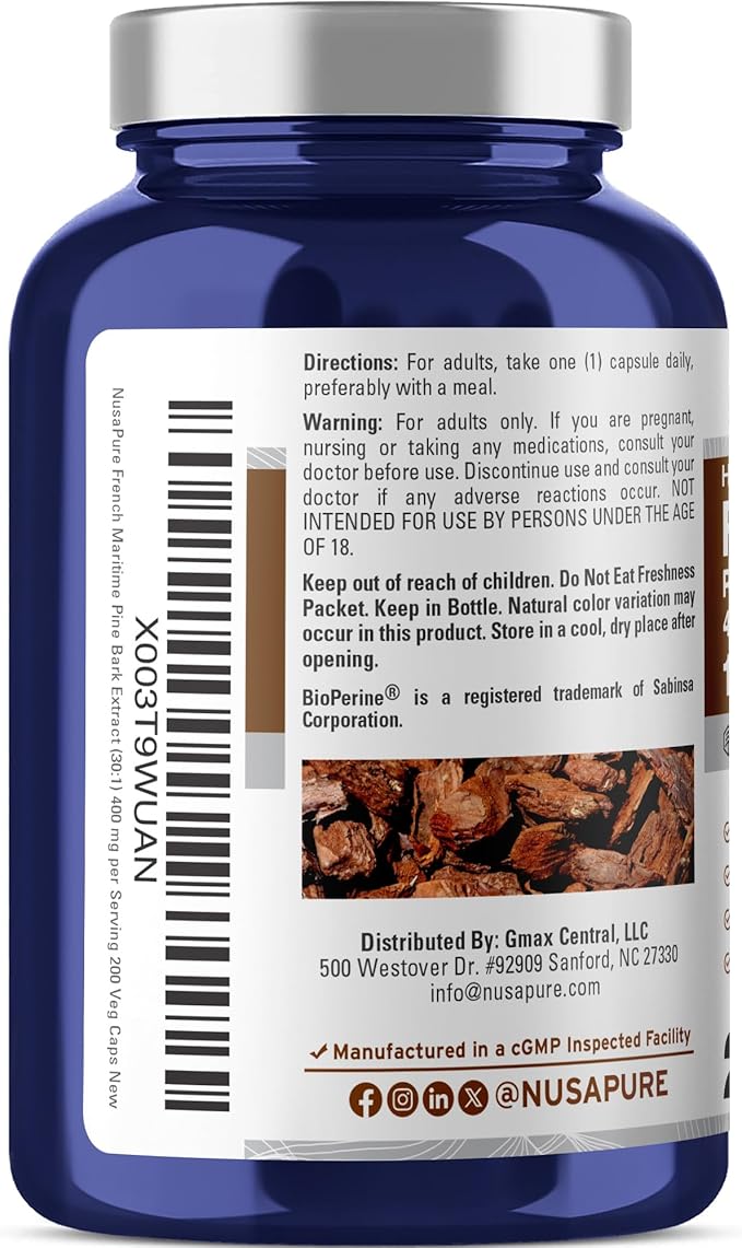 NusaPure French Maritime Pine Bark 30:1 Extract 400 mg Equivalent to 12000 mg Per Veggie Caps 200-Day Supply Bioperine (Non-GMO &amp Vegan)