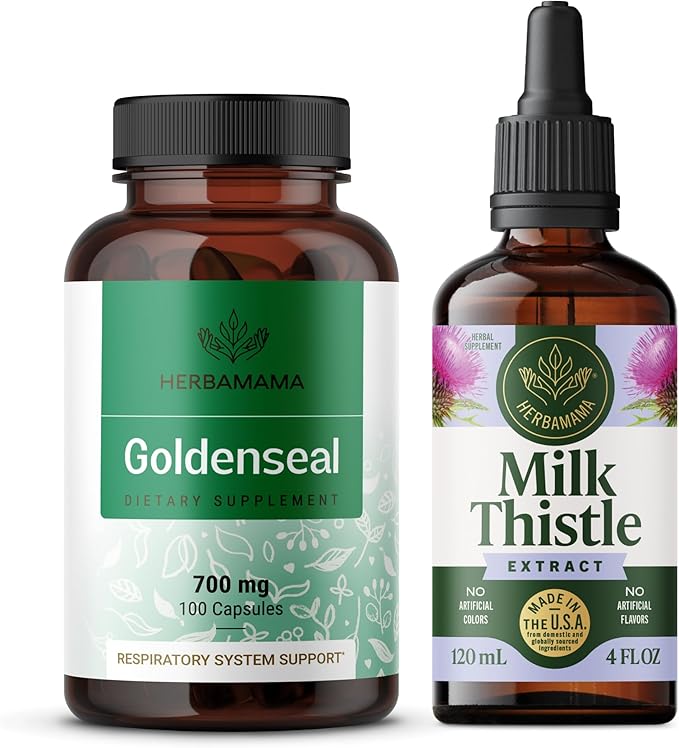 HERBAMAMA Goldenseal and Milk Thistle Kit - Bundle of 700 mg Goldenseal Root Capsules and Milk Thistle Tincture 2 fl oz - Vegan Non-GMO Sugar &amp Alcohol-Free - 2 Pack