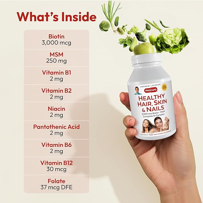 ANDREW LESSMAN Healthy Hair Skin and Nails 360 Capsules - 3000 mcg High Bioactivity Biotin B-Complex. Promotes Beautiful Skin Strong Nails. No Additives Hair Growth Vitamins Biotin Supplement