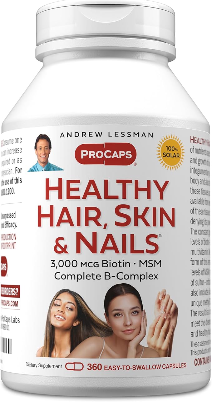 ANDREW LESSMAN Healthy Hair Skin and Nails 360 Capsules - 3000 mcg High Bioactivity Biotin B-Complex. Promotes Beautiful Skin Strong Nails. No Additives Hair Growth Vitamins Biotin Supplement