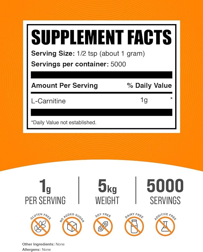 BulkSupplements.com L-Carnitine Powder - Carnitine Supplement Amino Acid Supplement - Unflavored &amp Gluten Free 1g per Serving 1kg (Pack of 5) (11 lbs)