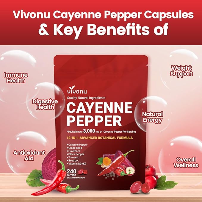 VivoNu Cayenne Pepper Softgels Supplement-Vitamin D3 K2 10000 IU with MK7-300
