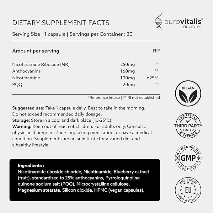 PUROVITALIS NAD+ Supplement NAD with Nicotinamide Riboside (NR) Vitamin B3 PQQ and Anthocyanin Cellular Energy Booster High Purity 1-Month Supply (30 Vegan Capsules)