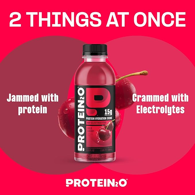 Protein2o Hydration Drink - 2-in-1 Liquid Clear Whey Protein Isolate and Electrolyte Drink - 15g ProteinVitamins B5B6 - Post-Workout Recovery - 16.9 Fl Oz - Wild Cherry(Pack of 24)
