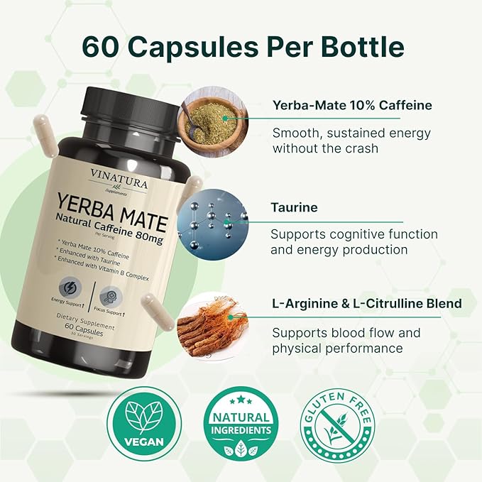 Yerba Mate 1400mg - Magic Natural Caffeine &amp Energy Supplements *USA Made &amp Tested* High Potency Enhanced with Taurine and Vitamin B Complex - 60 Capsules