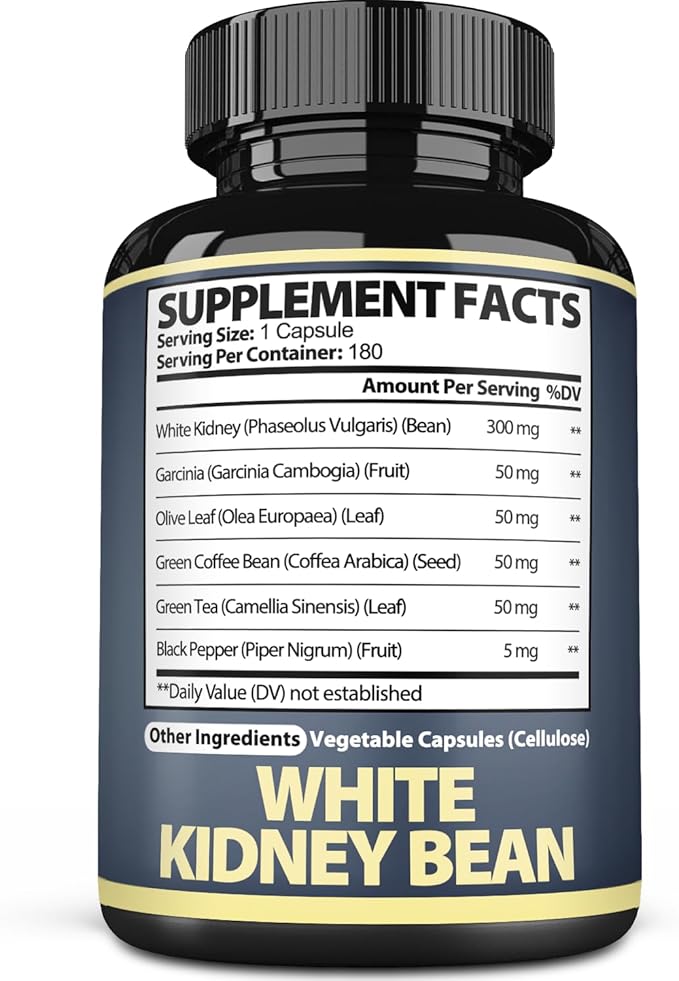 Satoomi 6in1 White Kidney Bean Extract Capsules - 6 Month Supply - Extra Blend with Olive Leaf Green Coffee Bean &amp Green Tea - 180 Counts