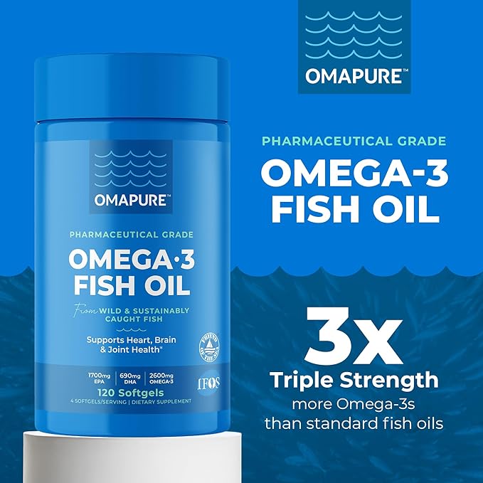 OMAPURE Fish Oil Supplements with Omega 3 Fatty Acids (5 Bottle 120 Softgels) - High EPA DHA &amp IFOS Fish Oil Pills Support Heart &amp Joint Health - Burpless - Promotes Brain Function