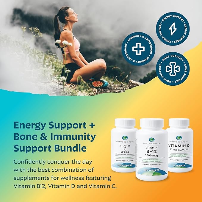 Earth's Splendor Energy &amp Immune Support: Vitamin B12 (1000mcg) Vitamin C with Rose Hips (500mg) and Vitamin D (2000 IU) - No Artificial Colors or Flavors Gluten Free for Men &amp Women