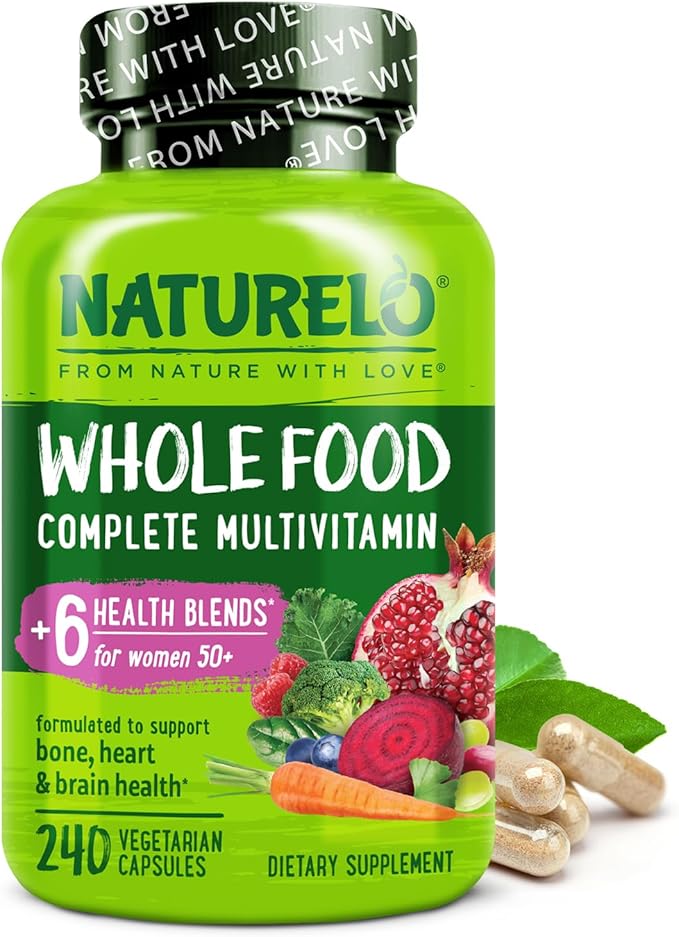 NATURELO Whole Food Multivitamin for Women 50+ (Iron Free) with Vitamins Minerals &amp Organic Extracts - Supplement for Post Menopausal Women Over 50 - No GMO - 240 Vegan Capsules