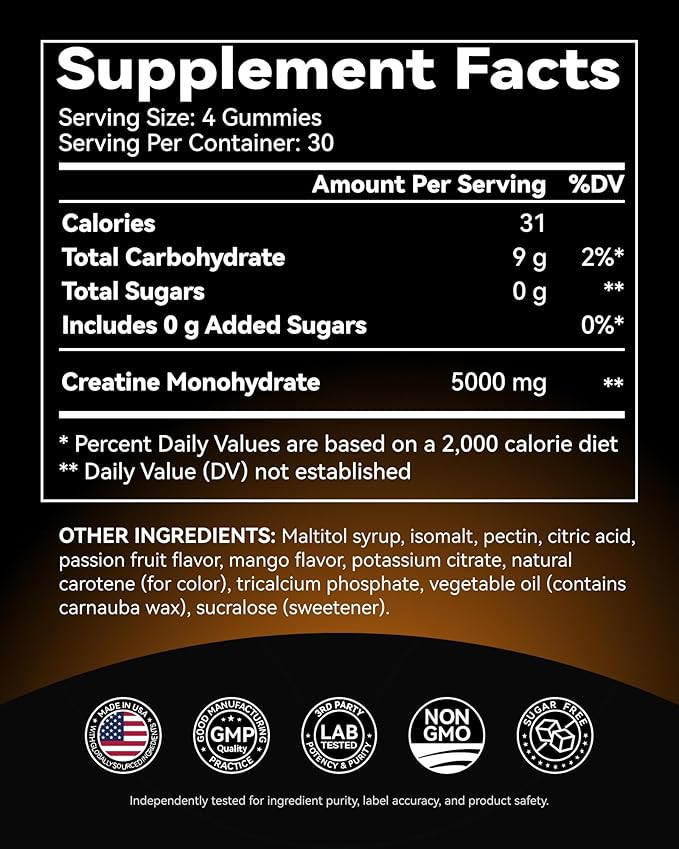 Creatine Monohydrate Gummies for Men &amp Women 5000 mg 3rd Party Tested Creatine Chews for Muscle Growth Strength &amp Energy Support Sugar Free Vegan 120 Count Mango Passionfruit