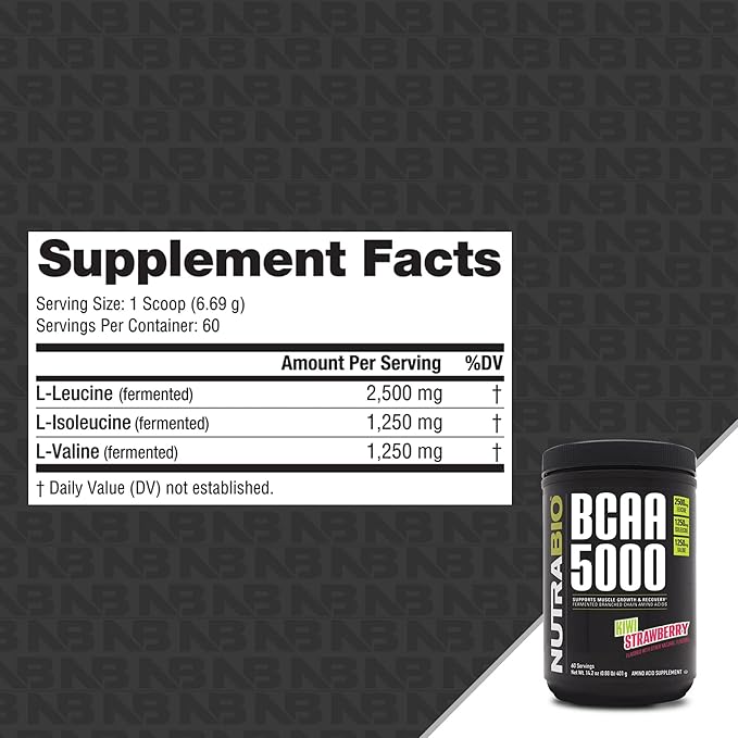 NutraBio BCAA 5000 Powder - Vegan Fermented BCAAs - Supports Lean Muscle Growth Recovery Endurance - 60 Servings - Kiwi Strawberry