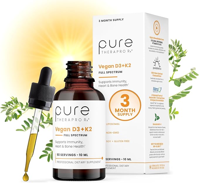 Pure Therapro Rx Vegan D3 + K2 Organic 100% Liposomal 10ml Made in USA | 3 Month Supply | Maximum Absorption Vitamin D3 and Vitamin K2 Supplements for Men and Women D3 Vitamin 5000 IU