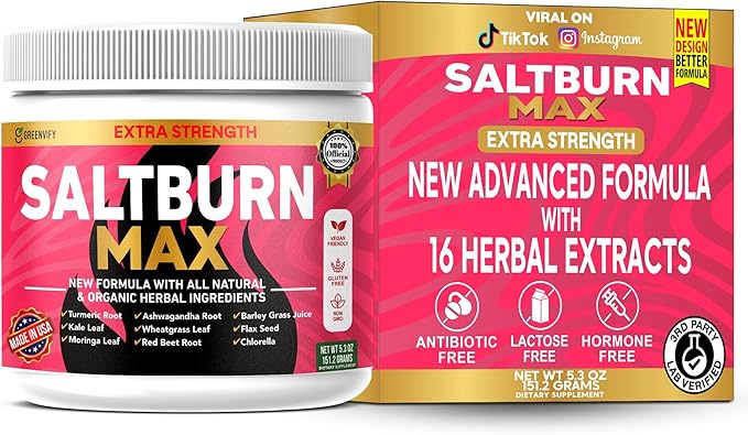SaltBurn Max Extra Strength Natural Supplement with Organic Herbal Ingredients Turmeric Moringa Wheatgrass 28 Servings 6.3 oz (1)
