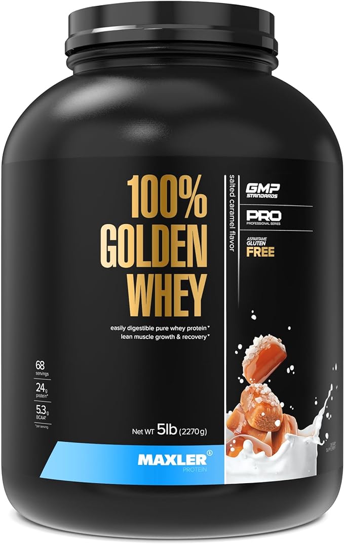 Maxler 100% Golden Whey Protein - 24g of Protein per Serving - Whey Protein Powder for Pre Post Workout - Fast-Absorbing Whey Concentrate Isolate &amp Hydrolysate Blend - Salted Caramel 5 lb