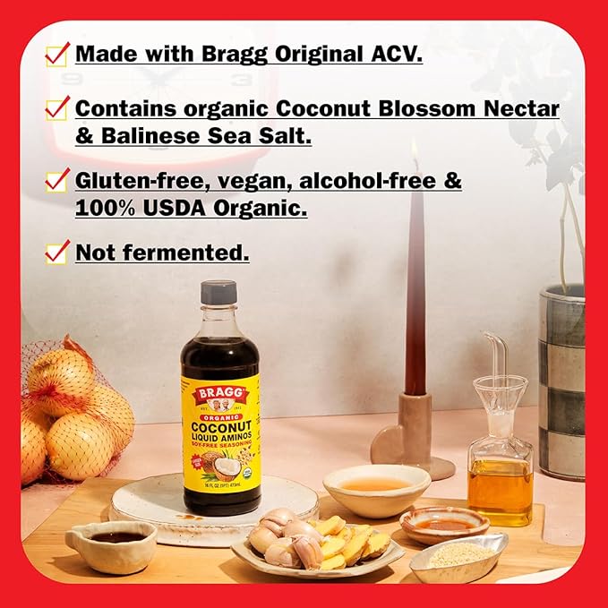 Bragg Organic Apple Cider Vinegar 64oz with the Mother + Bragg Organic Coconut Liquid Aminos Seasoning 128oz