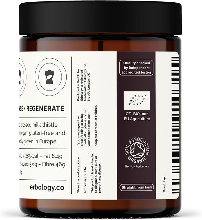 Erbology Organic Milk Thistle Powder 3.2 oz - 30 Servings - 180mg Silymarin per Serving - Liver Health - Cold-Pressed from 100% Milk Thistle Seeds - Sustainably Sourced in Europe - Vegan - GMO-Free