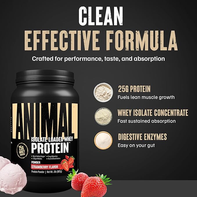 Animal Whey Isolate Protein Powder - Loaded for Pre &amp Post Workout Muscle Builder and Recovery with Digestive Enzymes for Men &amp Women - 25g Protein Great Taste Low Sugar - Strawberry 2 lbs