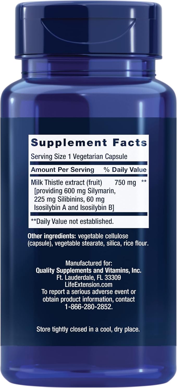 Life Extension Milk Thistle silymarin silibinins isosilybin A &amp B Delivers Full-Spectrum Milk Thistle Benefits for Liver Health Non-GMO Gluten-Free Vegetarian 60 Capsules