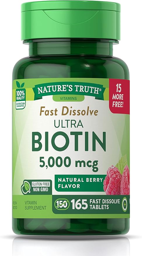 Ultra Biotin 5000mcg | 165 Fast Dissolve Tablets | Hair Skin and Nails Supplement | Natural Berry Flavor | Vegetarian Non-GMO Gluten Free | by Nature's Truth