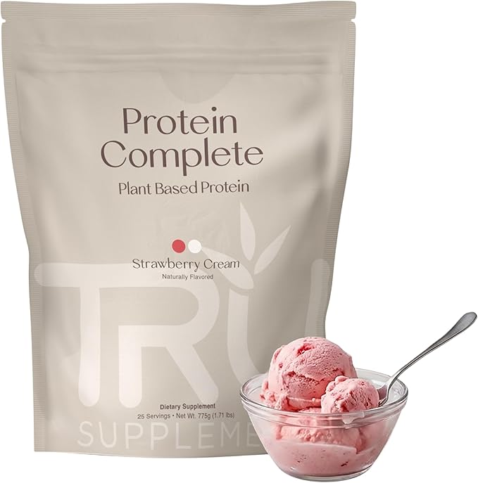 TRU Supplements Plant Based Protein Powder BCAA EAA 20g Vegan Brown Rice &amp Pea Protein 100 Calories 27 Vitamins No Artificial Flavors 25 Servings (Strawberry Cream)