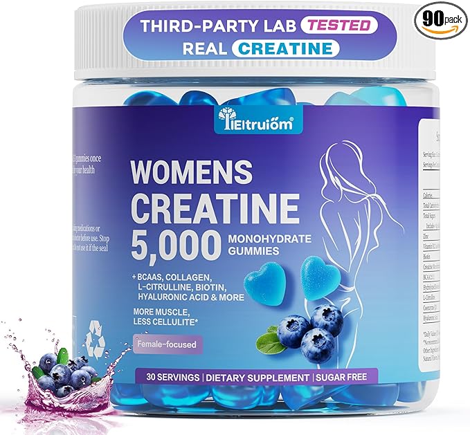 Creatine Gummies for Women – Blueberry Flavor 5g Creatine Monohydrate per Serving Pre Workout Creatine Chews with Collagen BCAA for Muscle Growth Strength &amp Energy Support – 90 Gummies Sugar