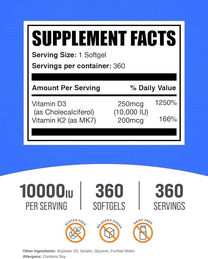 BulkSupplements.com Vitamin D3 + K2 10000 IU Softgels - K2 D3 Vitamin Supplement for Immune Health - Gluten Free 1 Softgel per Serving 360 Count (Pack of 1)