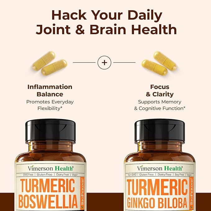 Boswellia Turmeric Curcumin Supplement + Turmeric Ginkgo Biloba Bundle – Natural Turmeric Supplement for Focus Memory Joint &amp Brain Health – with Ginger Root Curcuma Black pepper &amp Organic
