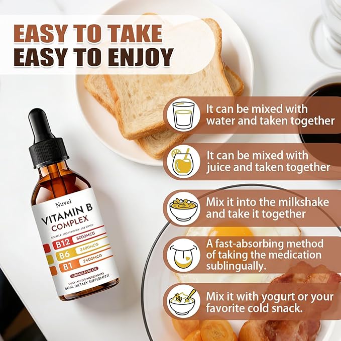 Nuvel Vitamin B Complex Drops with B12 B1 B6 5-in-1 Vitamin B Liquid Supplement for Daily Wellness