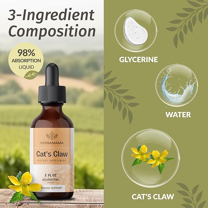 Herbamama Liquid Drops Kit - Bundle of Cat's Claw Extract 2 fl oz and Lemon Balm Tincture 2 fl oz - Vegan Herbal Supplement Liquid Extract - Non GMO Sugar &amp Alcohol-Free - 2 Pack