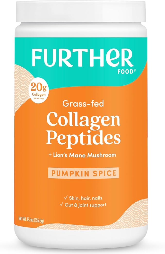 Further Food Pumpkin Spice Collagen Peptides Powder with Lion’s Mane Mushroom – 100% Grass-Fed Hydrolyzed Type 1 &amp 3 20g of Collagen per Serving Supports Skin Hair Nails &amp Focus 9.88 Oz