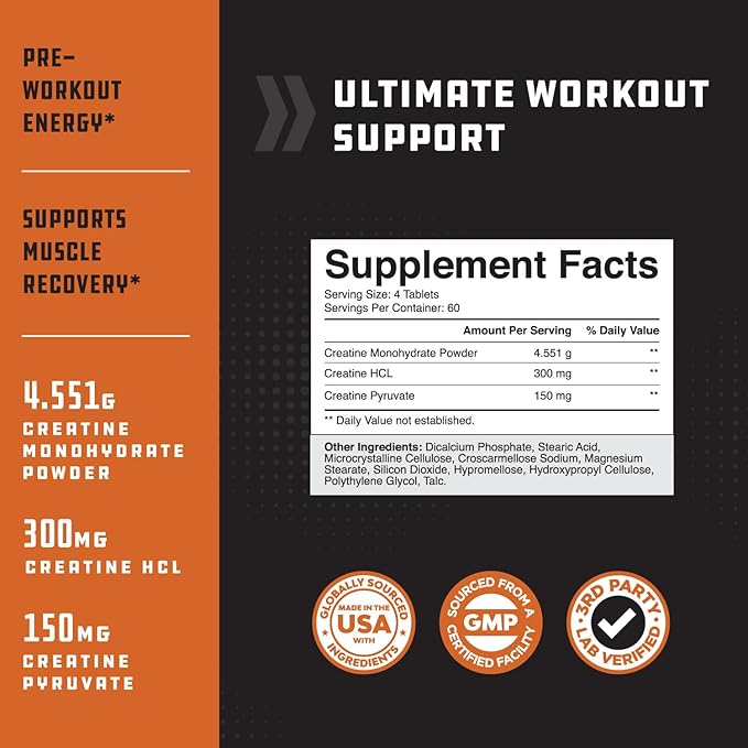 Natures Craft High Strength Tri Phase Creatine Tablets for Women &amp Men - Formula Blend of Creatine Monohydrate 300mg HCL &amp Pyruvate Supplement - Muscle Mass Gain &amp Recovery Supplement - 2
