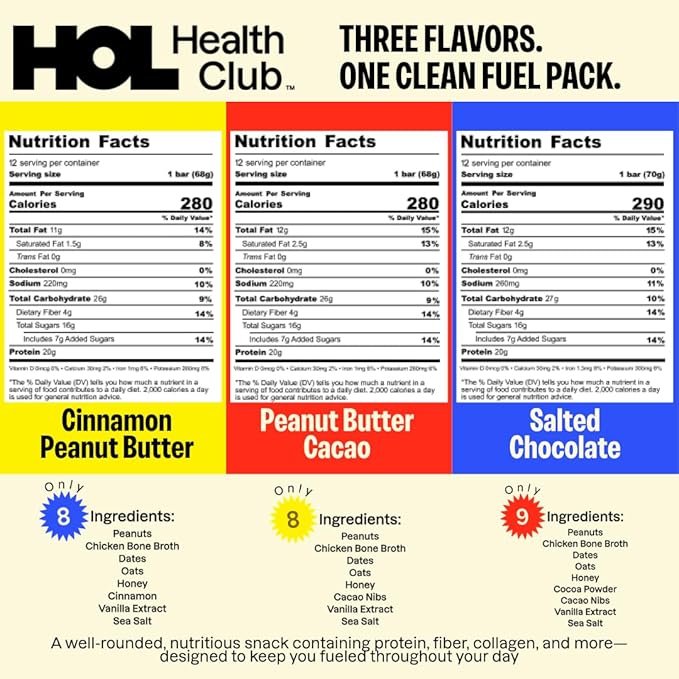 HOL Bone Broth Protein Bars - The Trio Variety Pack - Cinnamon Peanut butter and Salted Chocolate - 20g Whole-Food Protein - Natural Energy Snack - Gluten-Free No Artificial Additives - 15 Pack