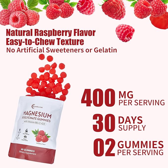 Hywebvctok 400mg Magnesium Bisglycinate Gummies with Vitamin B6 C D3 Promotes Muscle &amp Nerve Function Relaxation &amp Wellness Raspberry Flavor 60 Count