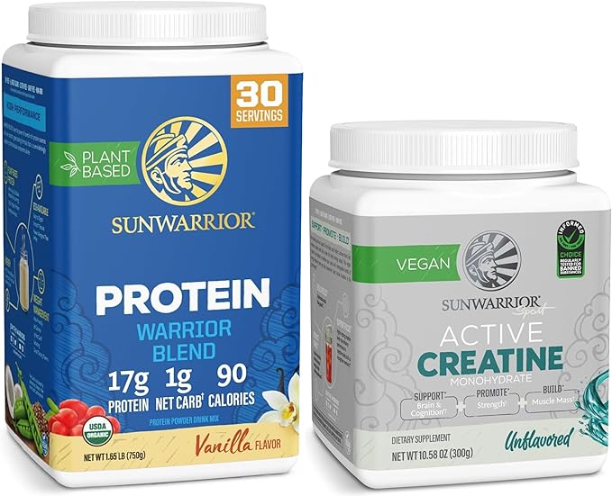 Sunwarrior Creatine Powder &amp Vanilla Organic Plant Based Protein Powder Set | Bundle &amp Save | Vegan Organic Protein Plus Unflavored Creatine Monohydrate (60 Servings Unflavored 30 Servings Va